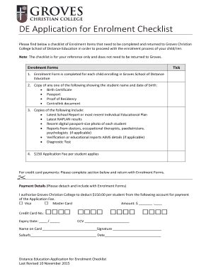 Fillable Online Groves Qld Edu DE BApplicationb For Enrolment Checklist