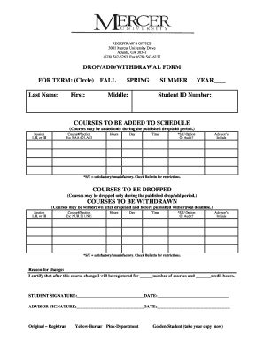 Fillable Online Mercer Drop Add Withdrawal Form For Term