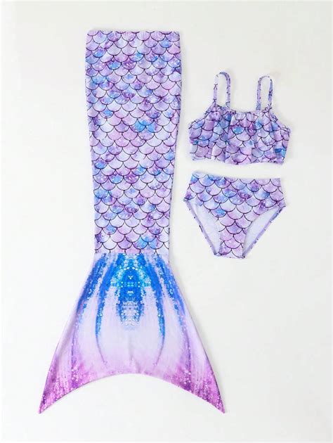 Conjunto de Maiô Bikini Estampa de Escama de Sereia e Cobertura