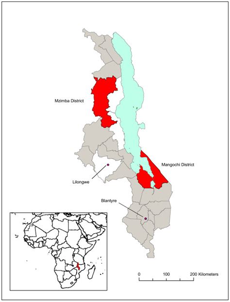 Map Of Malawi Showing The Two Study Districts In Red The Dots Show The