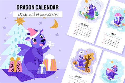 Dragon Calendar 2024 Seasonal Illustrations Creative Market