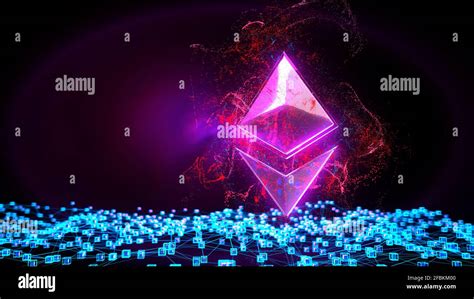 Three dimensional render of computer network and pink glowing Ethereum ...