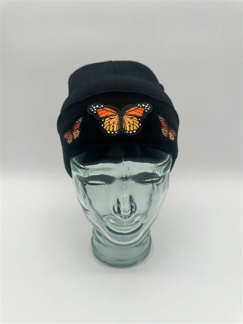 Monarch Butterflies Patch Cuffed Beanie Hat Boho Hippy Black Orange