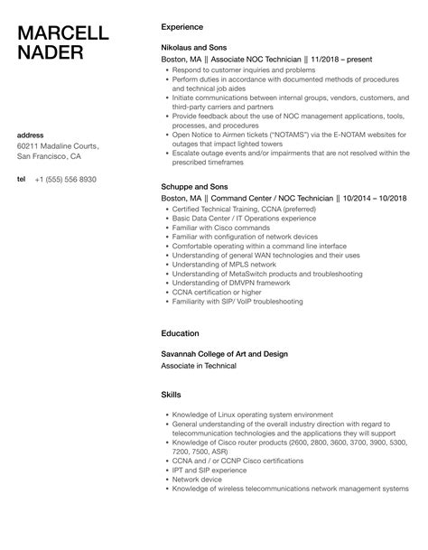 Noc Technician Resume Samples | Velvet Jobs