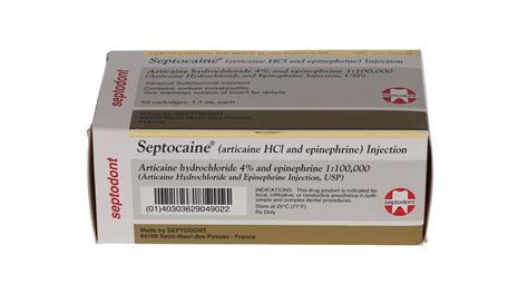 Septocaine, Articaine 4%, with Epinephrine, 1:100,000, 1.7 ml, 50/Pk