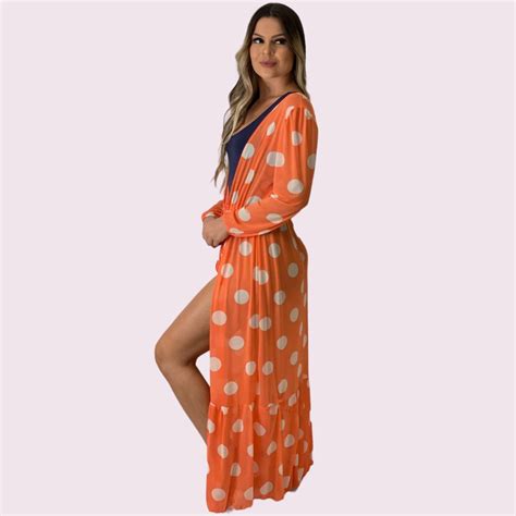 Saída de Praia Longa Manga Longa Bufante Poá Laranja Nude G GG Shallow