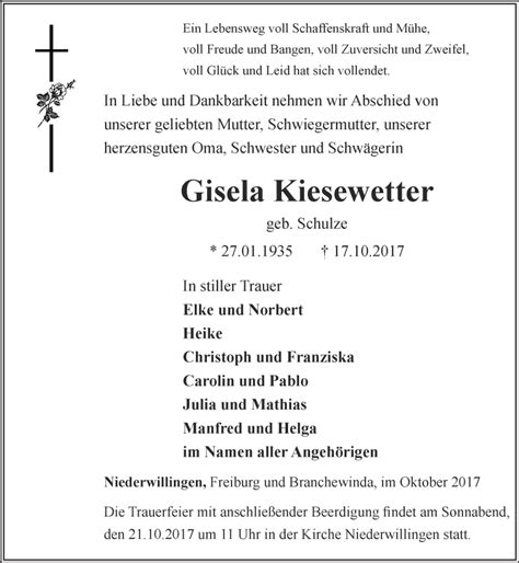 Traueranzeigen Von Gisela Kiesewetter Trauer In Thueringen De