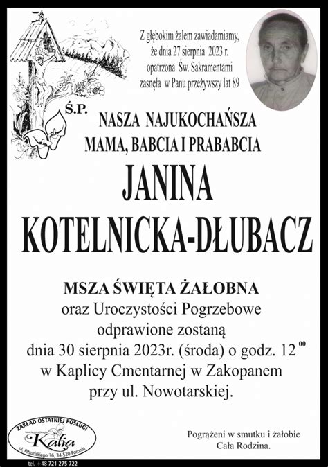 Janina Kotelnicka Dłubacz Nekrologi podhale24 pl