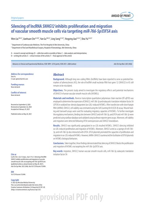 PDF Silencing Of LncRNA SNHG12 Inhibits Proliferation And Migration