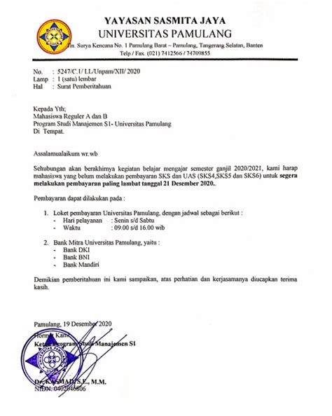 Informasi Pembayaran Spp Universitas Pamulang Program Studi Manajemen