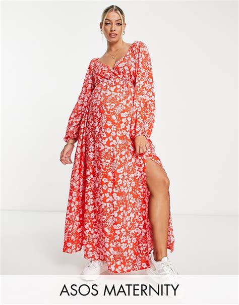 Asos Design Maternity Gathered Waist Maxi Tea Dress In Pink And Red