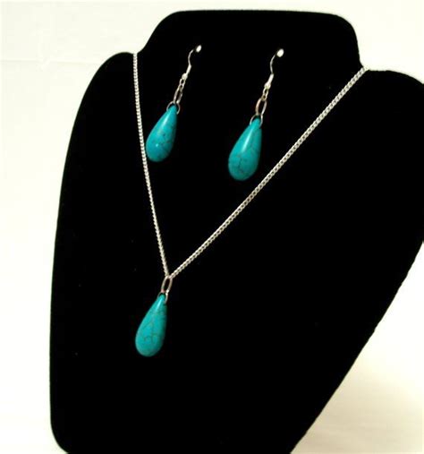 Turquoise Tear Drop Jewelry Set Sterling Silver Necklace 925 Jewelry