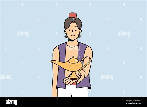 Smiling Aladdin Holding Wonderful Lamp In Hands Happy Male Genie With