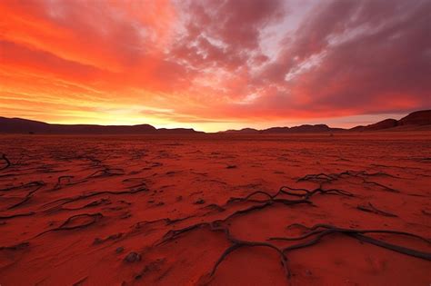 Premium AI Image Stark Desert Landscape Under A Red Burning Sun