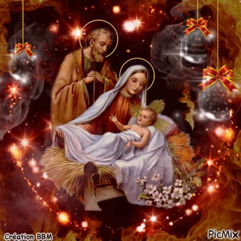 An Image Of The Virgin Mary And Baby Jesus On Fire With Stars In The