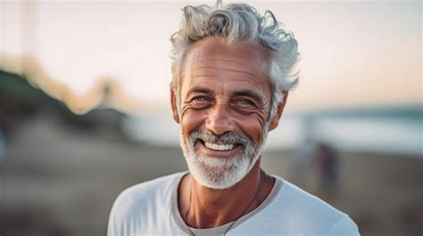 Premium AI Image | 60 Years Old Man Smiling On Beach Portrait