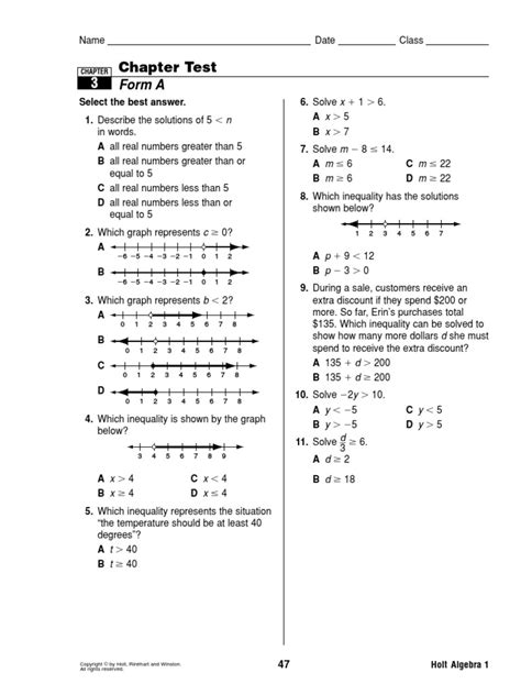 Holt Algebra 1 Chapter 3 Test Download Free Pdf Inequality Mathematics Real Number