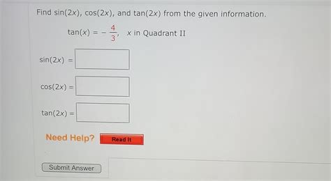 Solved Find Sin 2x Cos 2x And Tan 2x From The Given