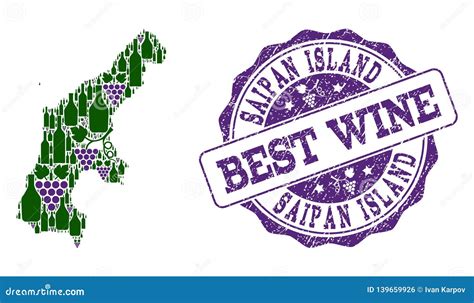 Colagem Do Mapa Do Vinho Da Uva Da Ilha De Saipan E Do Melhor Selo Do