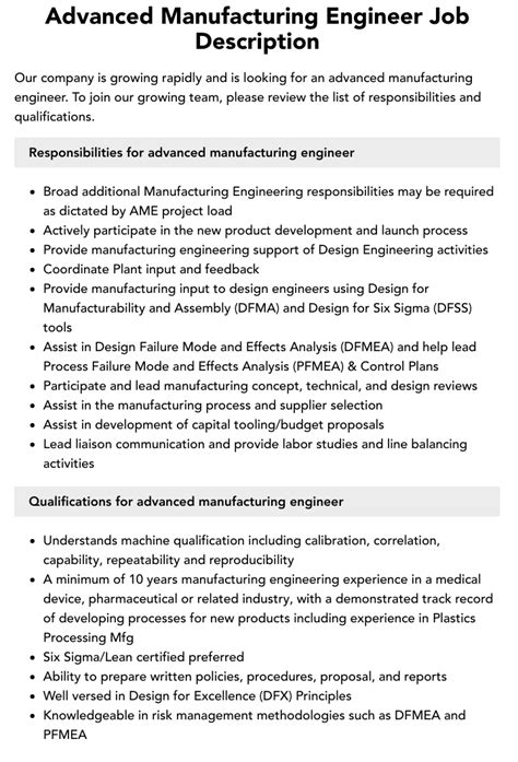 Advanced Manufacturing Engineer Job Description | Velvet Jobs