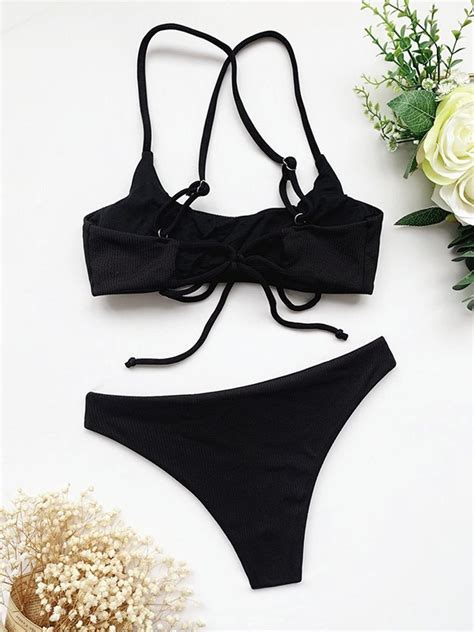 Emmiol Free Shipping Cross Back Halter Bikini Set Black M In