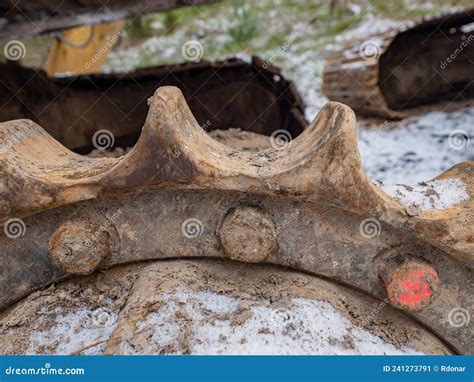 Rusty Gear Of Tracked Bulldozer Gear Metal Part Of The Tractor Stock