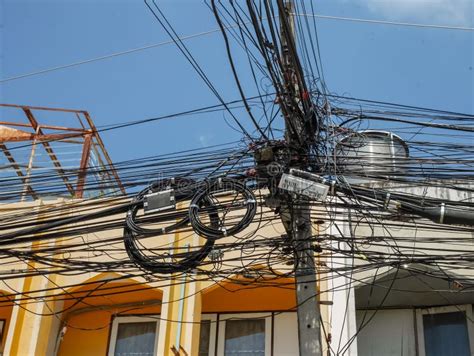 Telephone Wires On An Electricity Pole In Thailand Stock Image Image