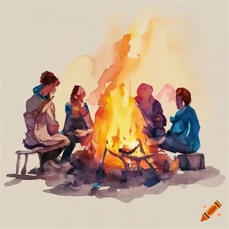 Group Of People At Campfire In Watercolor Painting On Craiyon