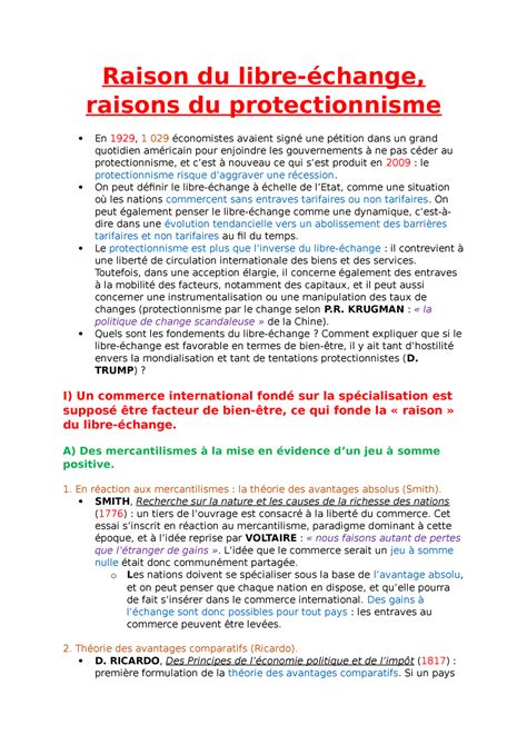 Sous Fiche Raison Du Libre Change Raisons Du Protectionnisme Macro