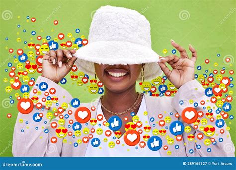 Social Media, Smile and Emoji Icon of Woman Influencer for Like or Love ...