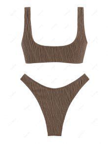 Wave Textured Cinched High Leg Brazilian Bikini Set In Deep Coffee