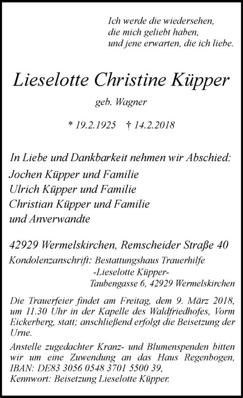 Alle Traueranzeigen F R Lieselotte Christine K Pper Trauer Rp Online De