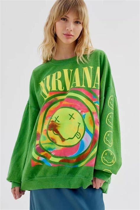 Nirvana Smile Face Overdyed Crew Neck Sweatshirt And T Shirt Preppy