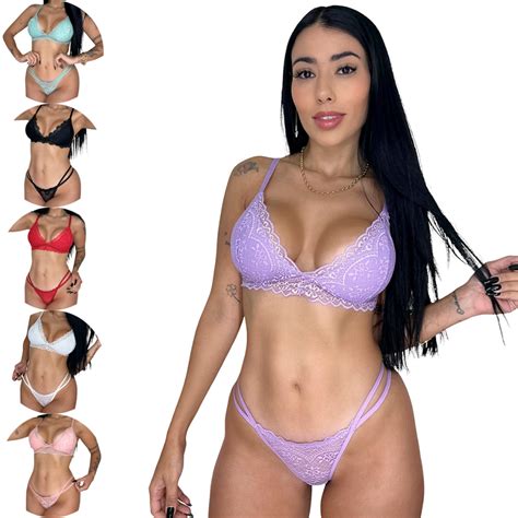 Kit 03 Conjuntos Lingerie De Renda Sexy Feminino Sem Bojo Calcinha Tanga De Tiras Shopee Brasil