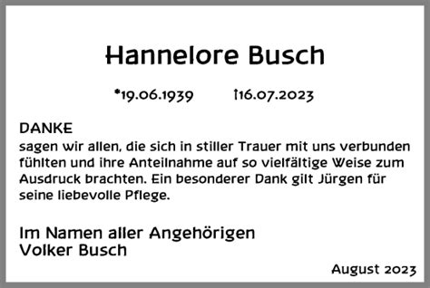 Traueranzeigen Von Hannelore Busch Trauer Anzeigen De