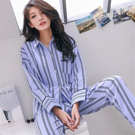 Spring And Autumn 100 Cotton Xxl Pyjamas Women Stripe Pajama Sets