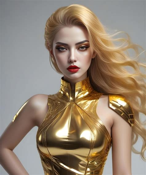Premium Ai Image Beautiful Blonde Girl With Red Lips And Professional Makeup In A Golden Latex