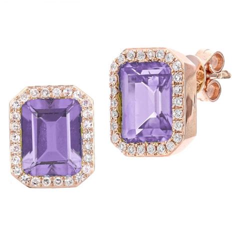 SPARKLD 9ct Rose Gold Octagon Amethyst And 0 30ct Diamond Stud Earrings