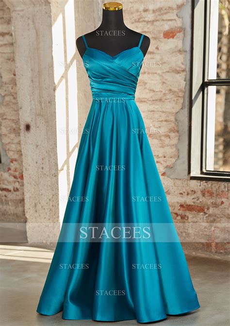 A Line V Neck Sleeveless Floor Length Satin Prom Dress With Pleated