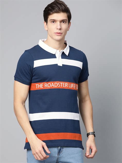 Buy The Roadster Lifestyle Co Men Navy Blue White Striped Polo Collar Pure Cotton T Shirt