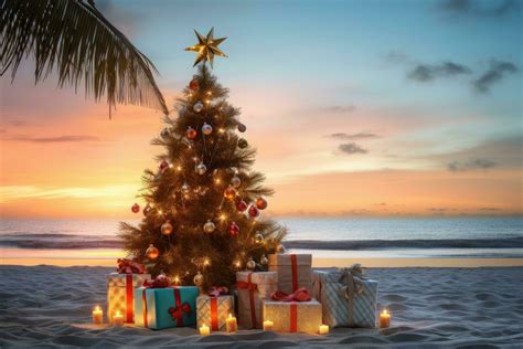 Ai Generated Christmas Tree With Gifts On The Beach At Sunset D