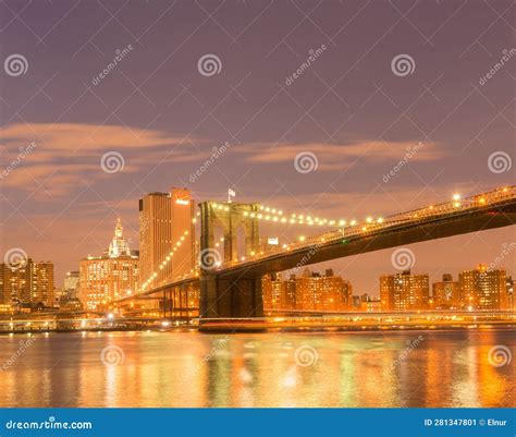 Night View of Manhattan and Brooklyn Bridge Stock Image - Image of dawn ...