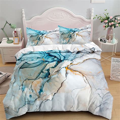 Aqua Blue Marble Bedding Set Queen Size Comforter Cover Sets For Girls Teens Women Pastel