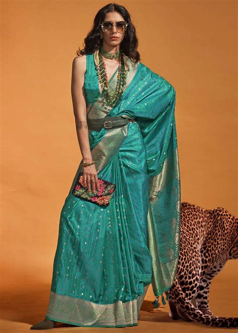 Peacock Blue Banarasi Satin Silk Saree Urban Womania