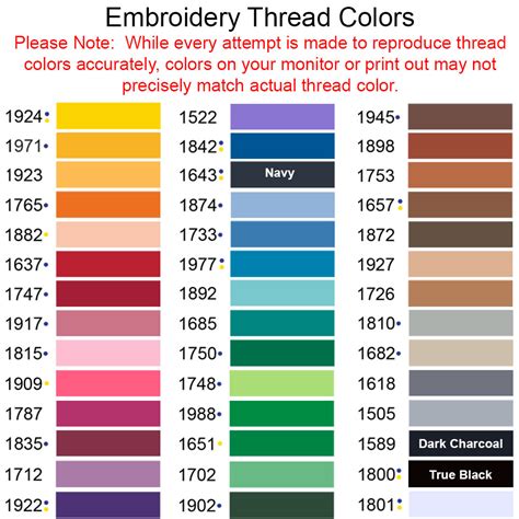 Coats Embroidery Thread Color Chart