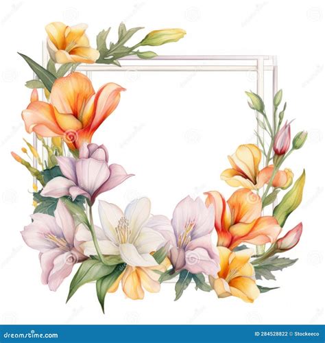 Watercolor Freesia Frame With Lilies And Flowers Stock Illustration