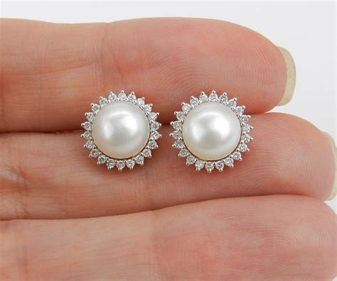 Pearl And Diamond Halo Stud Earrings 14K Yellow Gold June Birthstone