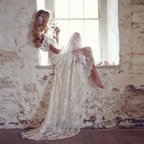 Romantic Lace White Boho Wedding Dress Bohemian Beach Wedding Gown Backless A Line Long Bride