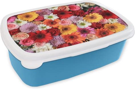 Broodtrommel Blauw Lunchbox Brooddoos Bloemen Kleuren Gerbera