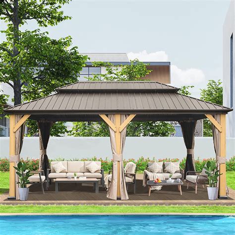 12x20 Hardtop Gazebo Outdoor Cedar Wood Frame Canopy With Galvanized Steel Double Roof